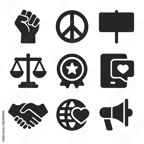 Activism Icons Grid. Solid, filled icons set of activism and change makers: raised fist, peace sign, protest