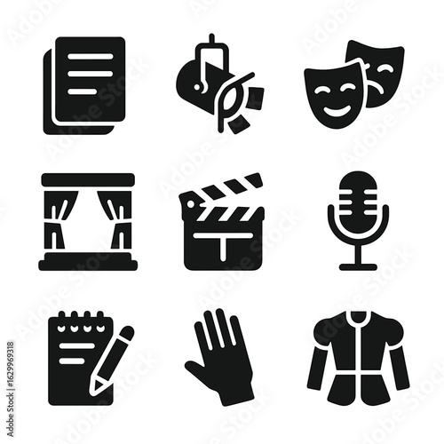 Actor's Tools Icons. Solid, filled icons set of actor’s tools: script, spotlight, theater mask, stage,