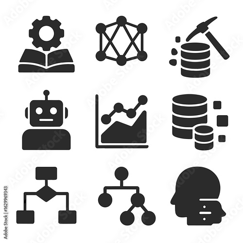 Advanced Analytics Icons. Solid, filled icons set of advanced analytics concepts: machine learning, neural
