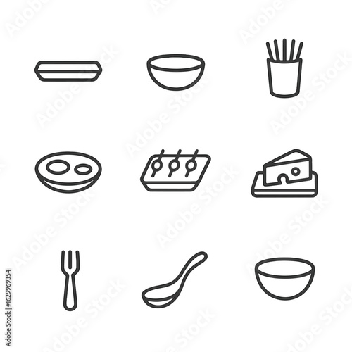 Appetizer Serveware Icons. Outline icon set of appetizer serveware: small tray, dipping bowl, toothpick holder, olive dish, skewer