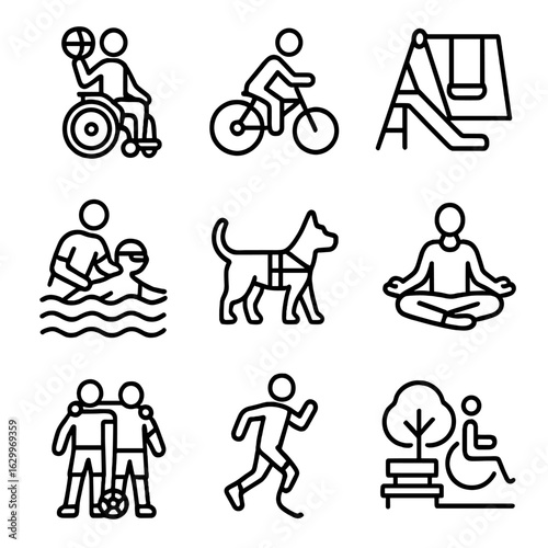 Adaptive Sports Icon Set. Outline icon set of sports and recreation: wheelchair basketball, adaptive cycling,
