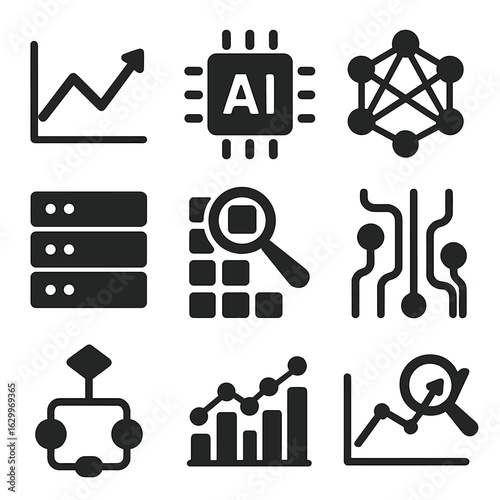 Advanced Analytics Icons. Solid, filled icons set of advanced analytics: prediction graph, AI engine, neural