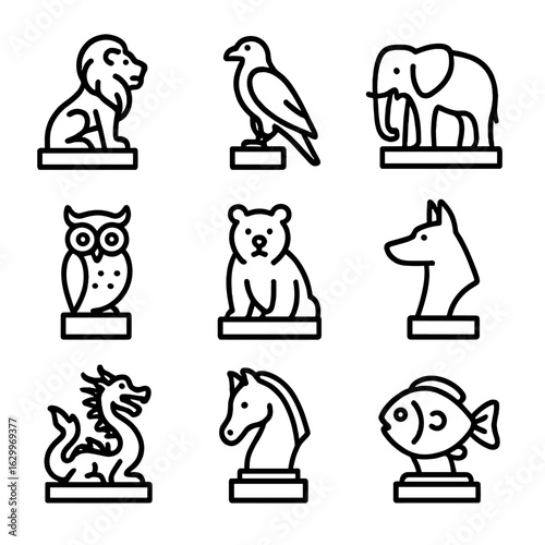 Animal Statue Icons. Outline icon set of animal statues: lion statue, eagle figure, elephant sculpture, owl icon, bear monument,