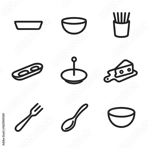 Appetizer Serveware Icons. Outline icon set of appetizer serveware: small tray, dipping bowl, toothpick holder, olive dish, skewer