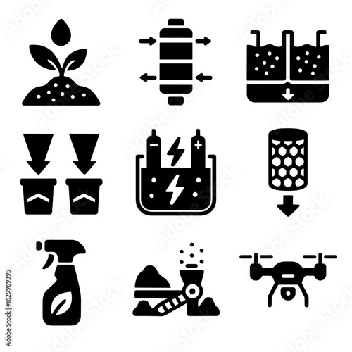 Advanced Metal Extraction Icons. Solid, filled icons set of advanced metal extraction methods: biological
