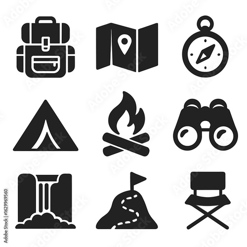 Adventure Icons Set. Solid, filled icons set of couple travel and adventure: backpack, map, compass, tent,