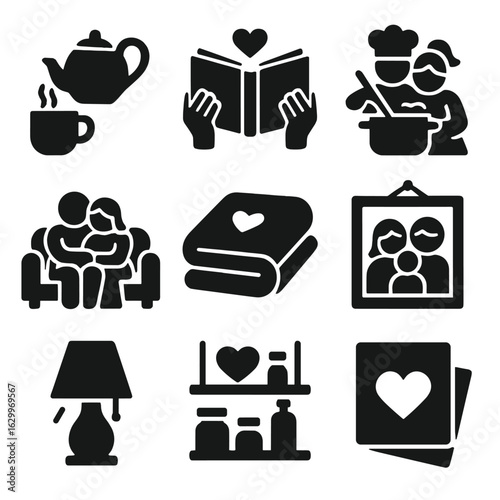 Affectionate Home Icons. Solid, filled icons set of affectionate home routines: making tea, sharing books,