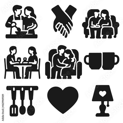 Affectionate Home Icons. Solid, filled icons set of affection between partners at home: cooking together,