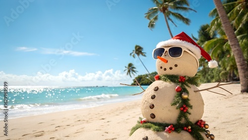 Festive sandman with sunglasses on a sunny beach for a tropical christmas