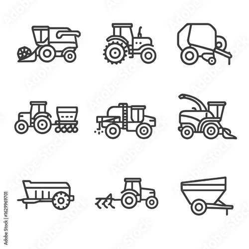 Agricultural Machinery Icons. Outline icon set of agricultural heavy machinery: combine harvester, plow