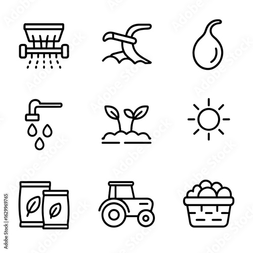 Agricultural Icon Set. Outline icon set of agricultural planting: seed drill, soil plow, seed, water