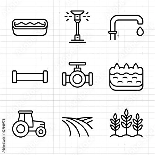 Agricultural Water Icons. Outline icon set of agricultural water supply: trough, irrigation sprinkler, pipe,