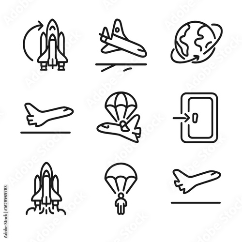 Abort Modes Icons. Outline icon set of abort modes: RTLS maneuver, TAL landing site, Abort Once Around, Transoceanic Abort Landing