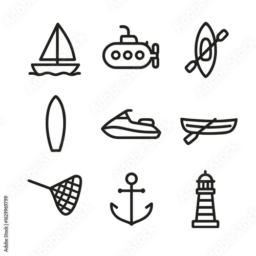 Aquatic Transportation Icons. Outline icon set of aquatic mobility: sailboat, submarine, kayak, surfboard, jet ski, rowboat,