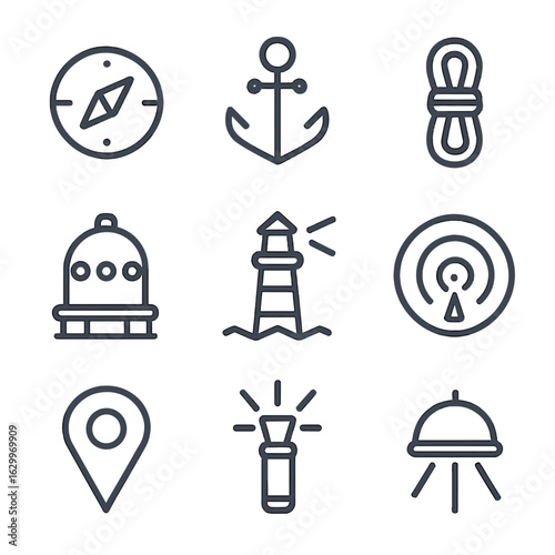 Abyss Navigation Icons. Outline icon set of abyss navigation: compass, anchor, rope, diving bell, lighthouse beacon, sonar ping,