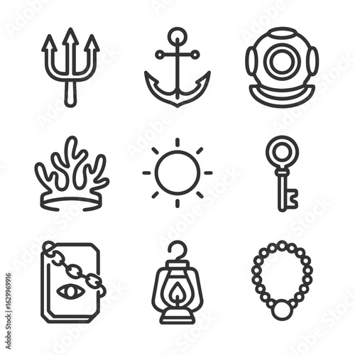 Abyssal Artifacts Icons. Outline icon set of abyss tools and artifacts: trident, ancient anchor, diver helmet, coral crown,