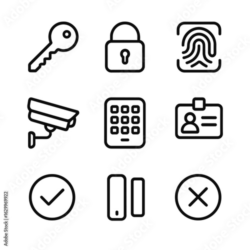 Access Control Icons. Outline icon set of access control: key, lock, fingerprint scanner, ID card, security camera, keypad, door