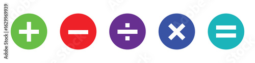 Vector illustration of a set of mathematical symbols. Circular icons for basic number operations like addition, subtraction, multiplication, and division. Simple calculation elements.