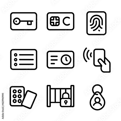Access Control Icons. Outline icon set of access control cards: keycard, security chip, biometric card, access levels, time lock,