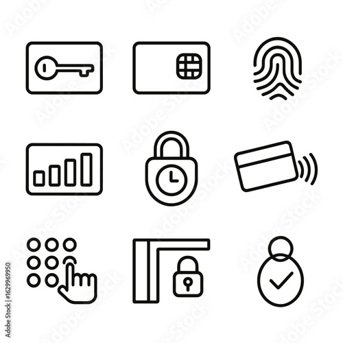 Access Control Icons. Outline icon set of access control cards: keycard, security chip, biometric card, access levels, time lock,