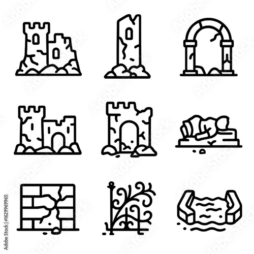 Architectural Ruin Icons. Outline icon set of architectural ruin: crumbled castle, broken tower, shattered archway, collapsed