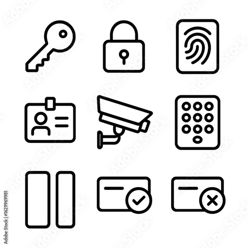 Access Control Icons. Outline icon set of access control: key, lock, fingerprint scanner, ID card, security camera, keypad, door
