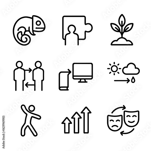 Adaptation Icons Set. Outline icon set of adaptation: chameleon, puzzle piece, growing plant, transformation icon, book to screen,