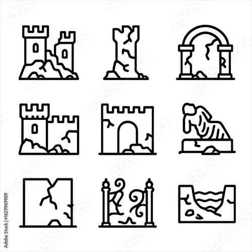 Architectural Ruin Icons. Outline icon set of architectural ruin: crumbled castle, broken tower, shattered archway, collapsed