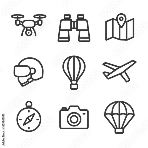 Aerial Exploration Icons. Outline icon set of aerial exploration: drone, binoculars, map, pilot helmet, hot air balloon, glider,