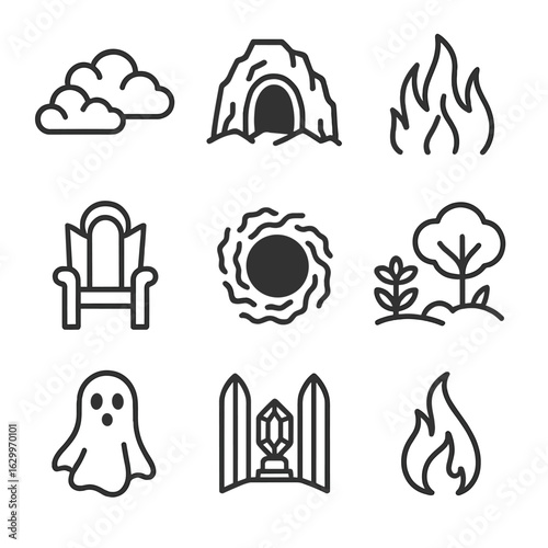 Afterlife Realms Icons. Outline icon set of afterlife realms: heaven clouds, underworld cave, purgatory flames, celestial throne,