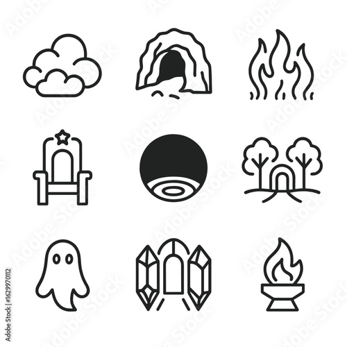 Afterlife Realms Icons. Outline icon set of afterlife realms: heaven clouds, underworld cave, purgatory flames, celestial throne,