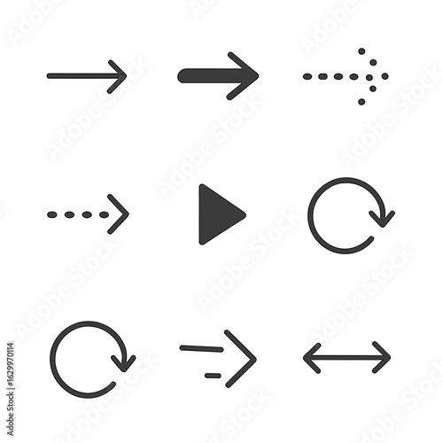 Arrow Icon Set. Outline icon set of arrow types and signs: thin arrow, bold arrow, dotted arrow, dashed arrow, triangle arrowhead,