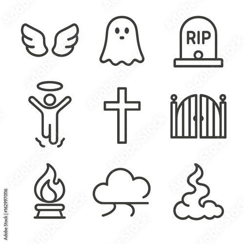 Afterlife Icon Set. Outline icon set of afterlife: angel wings, ghost, halo, tombstone, soul rising, cross, open gate, eternal