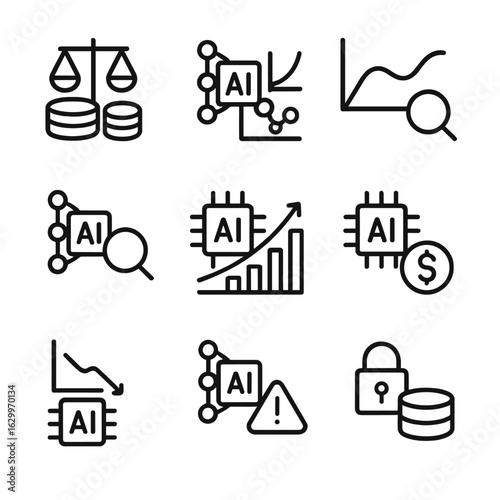 AI Challenges Icon Set. Outline icon set of AI challenges: data bias, overfitting, underfitting, explainability, scalability,