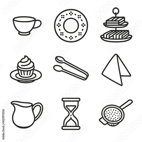 Afternoon Tea Icons. Outline icon set of afternoon tea set: porcelain cup, patterned saucer, sandwich tray, cupcake plate, sugar