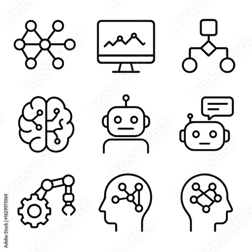 AI Concepts Icons. Outline icon set of AI concepts: neural network, machine learning, algorithm, data training, artificial brain,