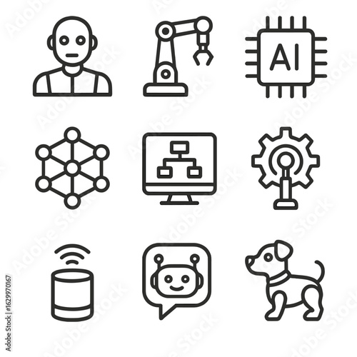 AI Robotics Icon Set. Outline icon set of AI and robotics: humanoid robot, robotic arm, AI chip, neural network, machine learning,