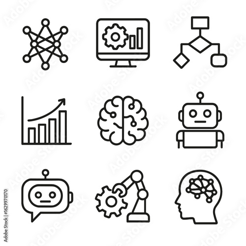 AI Concepts Icons. Outline icon set of AI concepts: neural network, machine learning, algorithm, data training, artificial brain,