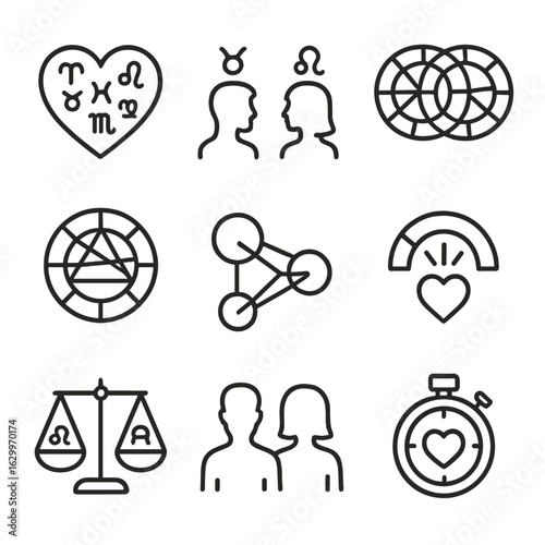 Astrological Compatibility Icons. Outline icon set of astrological compatibility: heart with zodiac symbols, couple silhouette