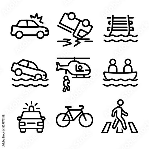 Aftermath Transportation Icons. Outline icon set of aftermath transportation: damaged car, overturned truck, broken train tracks,