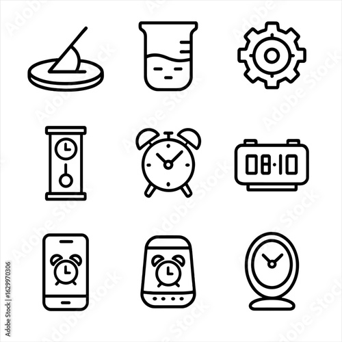 Alarm Clock Evolution. Outline icon set of alarm clock history and evolution: sundial outline, water clock, mechanical clock gear,