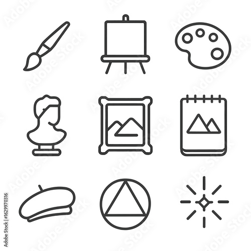 Artist Icon Set. Outline icon set of artist biography: paintbrush, canvas, palette, sculpture icon, gallery frame, art sketch,