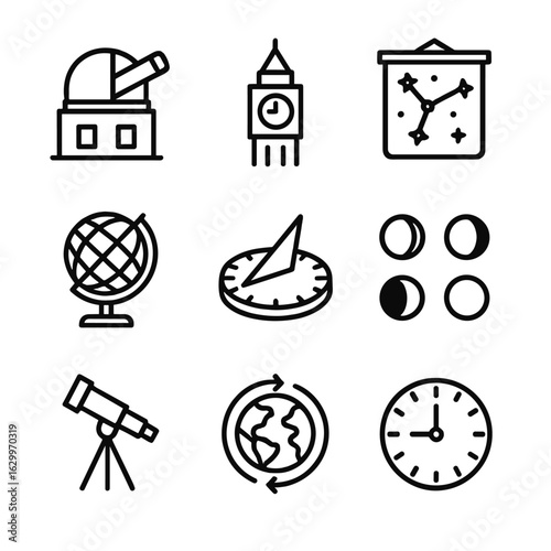 Astronomical Icon Set. Outline icon set of astronomical time: Greenwich Observatory, clock tower, star chart, globe with meridians