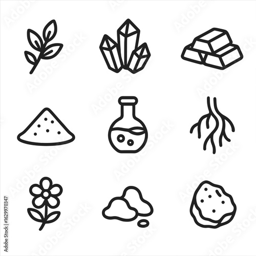 Alchemical Icon Set. Outline icon set of alchemical ingredients: herbs, crystals, metals, powders, liquids, roots, flowers, resins