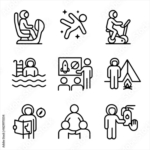 Astronaut Training Icons. Outline icon set of astronaut training: simulators, weightlessness, exercise bike, pool training,