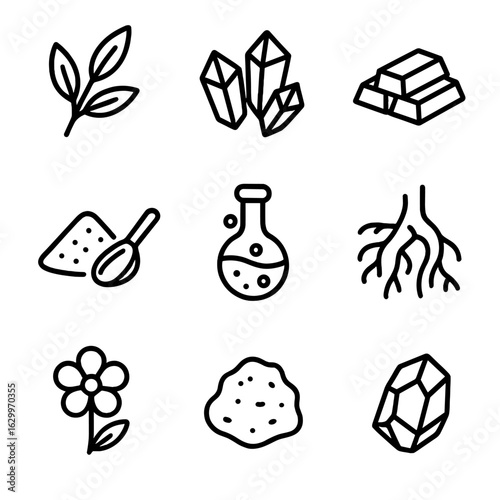 Alchemical Icon Set. Outline icon set of alchemical ingredients: herbs, crystals, metals, powders, liquids, roots, flowers, resins