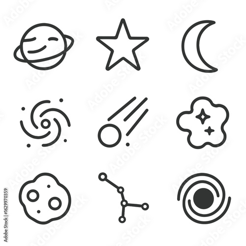 Astronomical Icon Grid. Outline icon set of astronomical objects viewed: planet, star, moon, galaxy, comet, nebula, asteroid,
