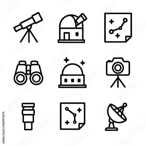 Astronomy Icon Set. Outline icon set of astronomical equipment: telescope, observatory dome, star chart, binoculars, planetarium,