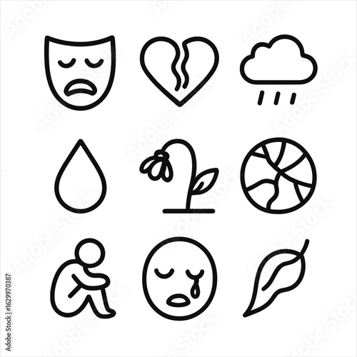 Artistic Suffering Icons. Outline icon set of suffering in literature and art: tragic mask, broken heart, dark cloud, tear drop,