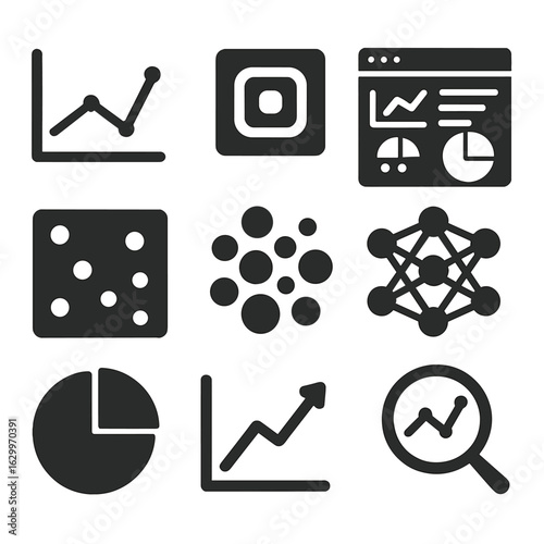 AI Data Icon Grid. Solid, filled icons set of AI data visualization: graphs, heat maps, dashboards, scatter